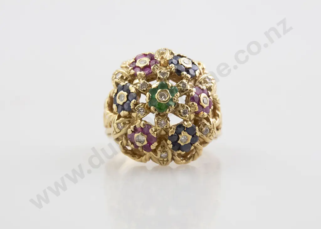 18ct 61stone Sapphire Ruby Emerald and Diamond Cluster Ring Image 1++