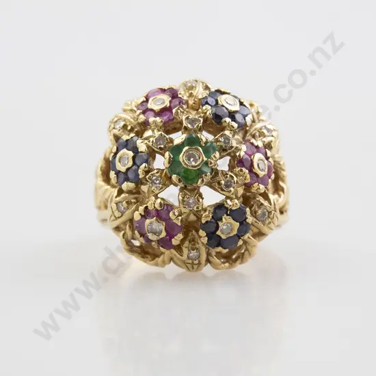 18ct 61stone Sapphire Ruby Emerald and Diamond Cluster Ring