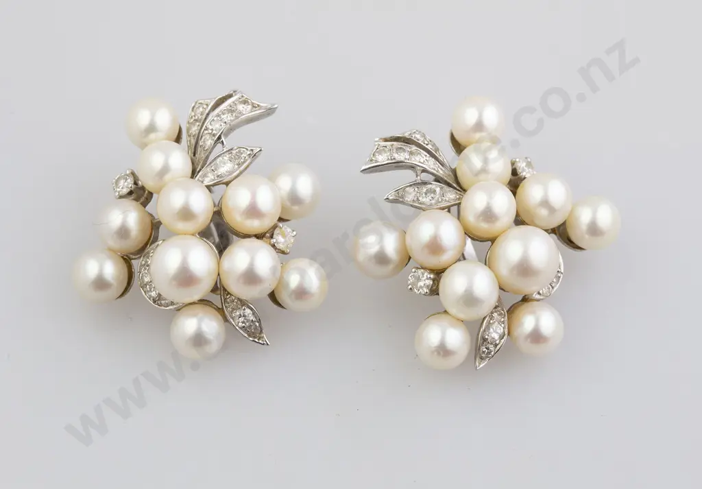 Pair 14ct White Gold Cultured Pearl and DIamond Cluster Earrings Image 1++