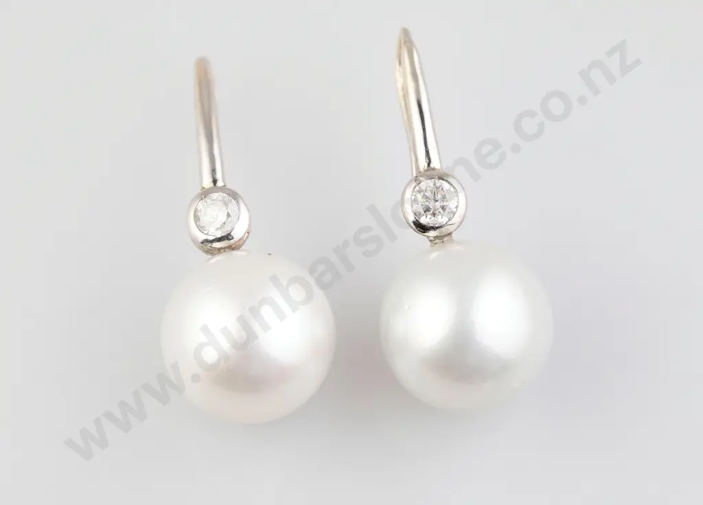 Pair 18ct White Gold South Sea Pearl and Diamond Pendant Earrings Image 1++