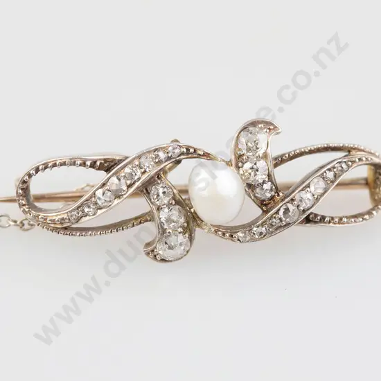 Edwardian 15ct Pearl and Diamond Scroll Brooch
