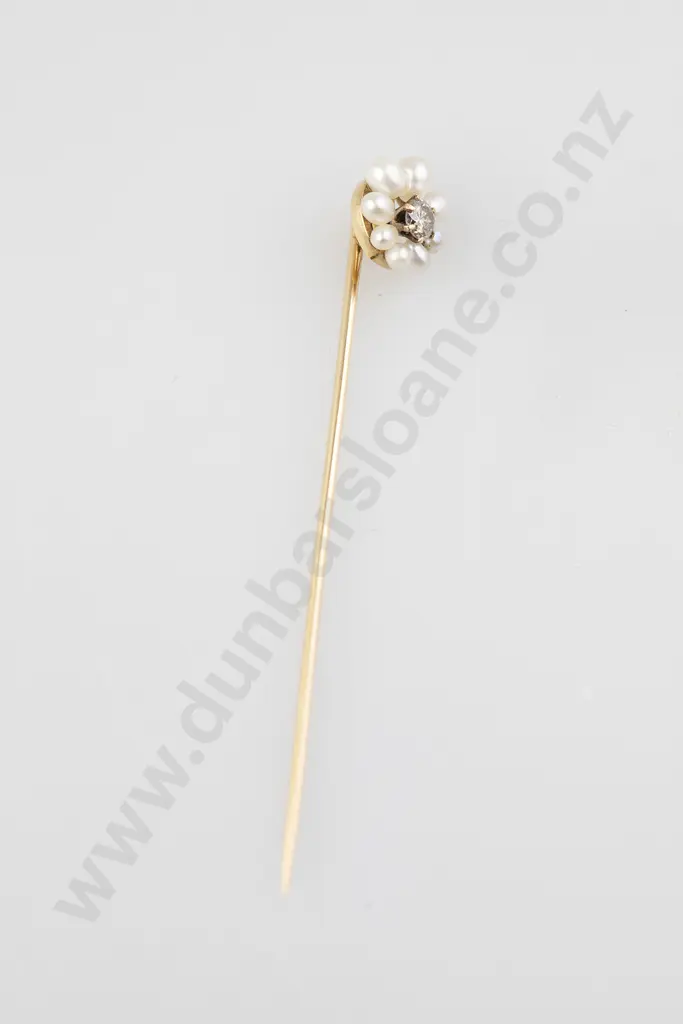 Early C20th 14ct Pearl and Diamond Stick Pin Image 1++
