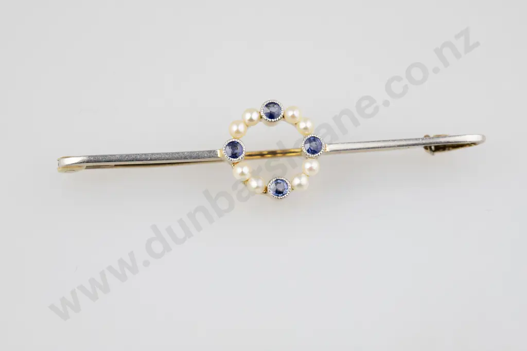Edwardian 15ct 16stone Sapphire and Pearl Circlet Bar Brooch Image 1++