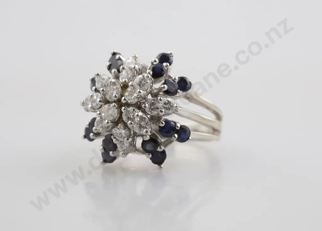 14ct White Gold 32stone Sapphire and Diamond Starburst Cluster Ring Image 1++