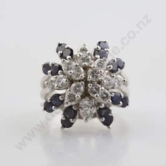 14ct White Gold 32stone Sapphire and Diamond Starburst Cluster Ring