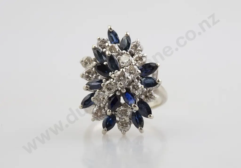 14ct White Gold 28stone Sapphire and Diamond Cluster Ring Image 1++