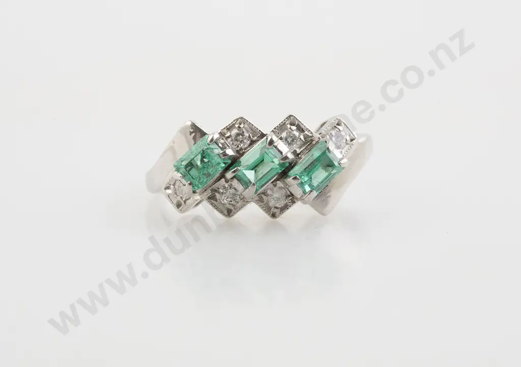 All Platinum Nine Stone Emerald and Diamond Bridge Ring Image 1++