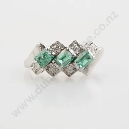 All Platinum Nine Stone Emerald and Diamond Bridge Ring