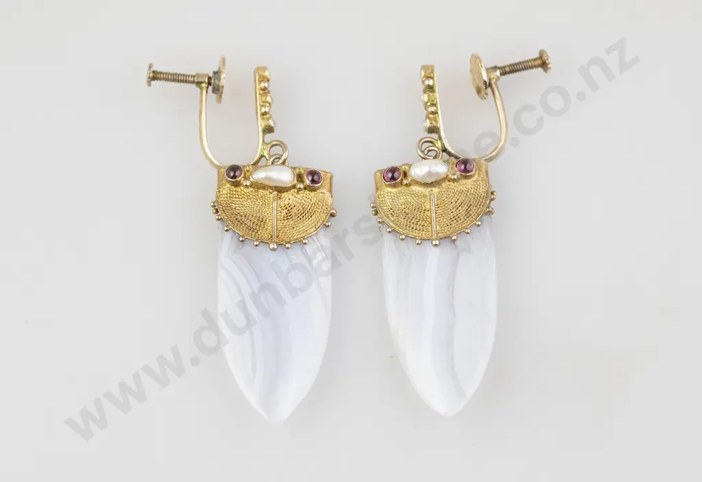 Pair White Striated Agate Pendant Earrings Image 1++