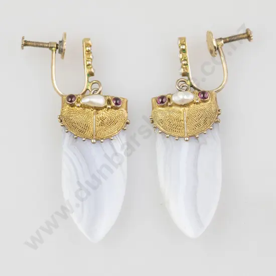 Pair White Striated Agate Pendant Earrings