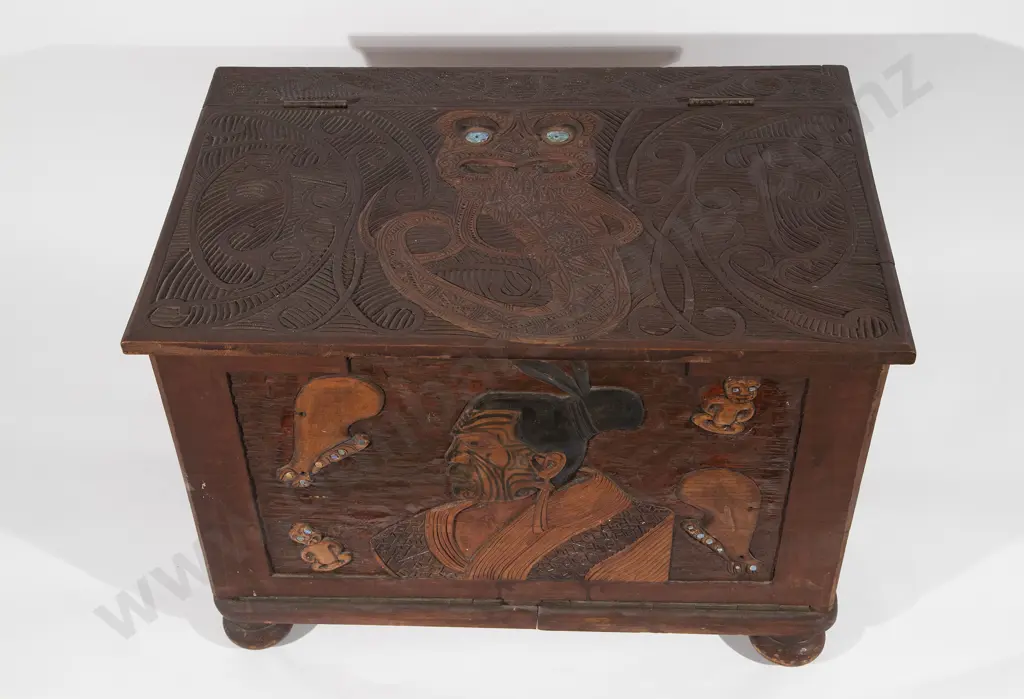 Late C19th/early C20th NZ Folk Art Carved Work Box Image 1++