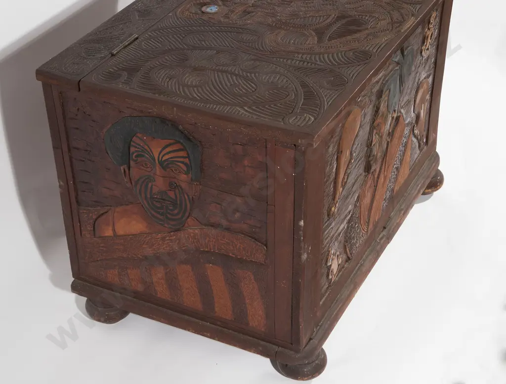 Late C19th/early C20th NZ Folk Art Carved Work Box Image 1++