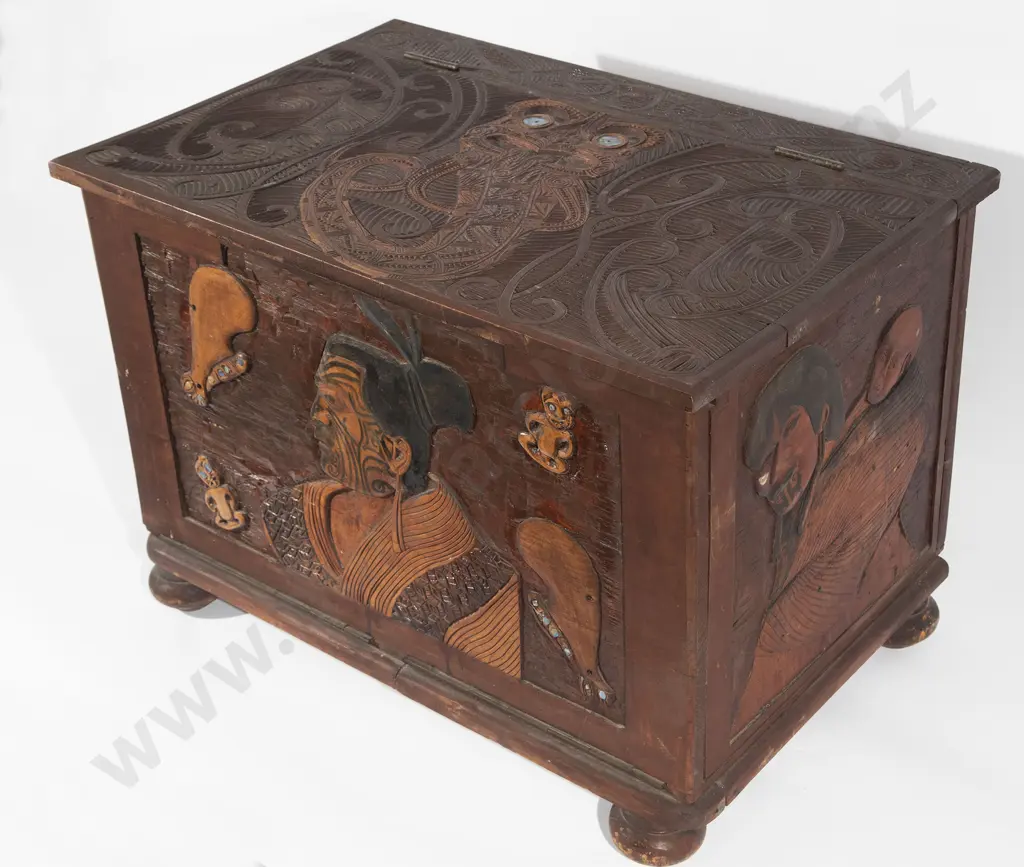 Late C19th/early C20th NZ Folk Art Carved Work Box Image 1++