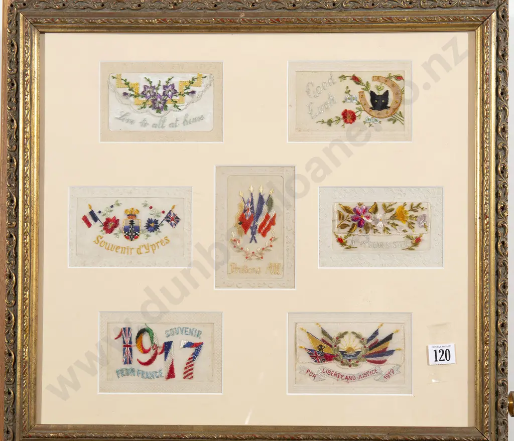 Framed Seven WWI Silk Postcards Image 1++