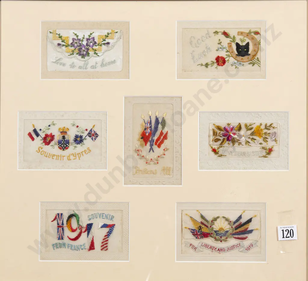 Framed Seven WWI Silk Postcards Image 1++