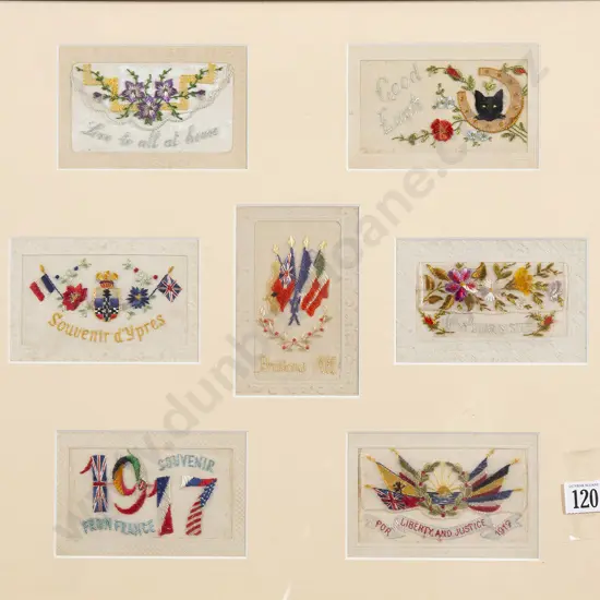 Framed Seven WWI Silk Postcards
