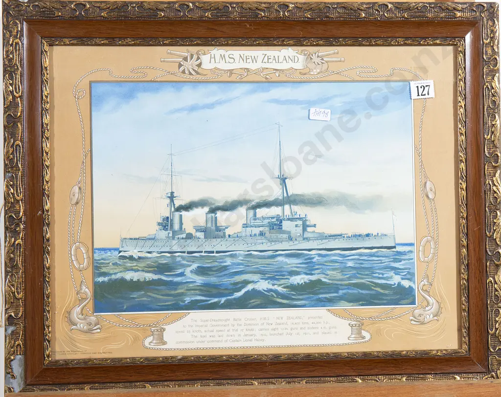 Three Castles Polychrome Print 'HMS New Zealand' and signed Naval print Image 1++