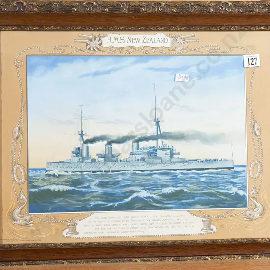Three Castles Polychrome Print 'HMS New Zealand' and signed Naval print