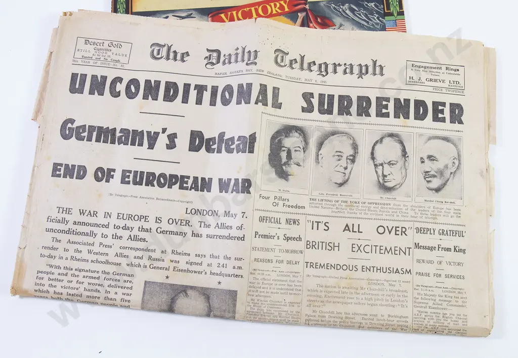 Collection of; Napier The Daily Telegraph May 8th 1945 Newspaper 'Unconditional Surrender' Image 1++