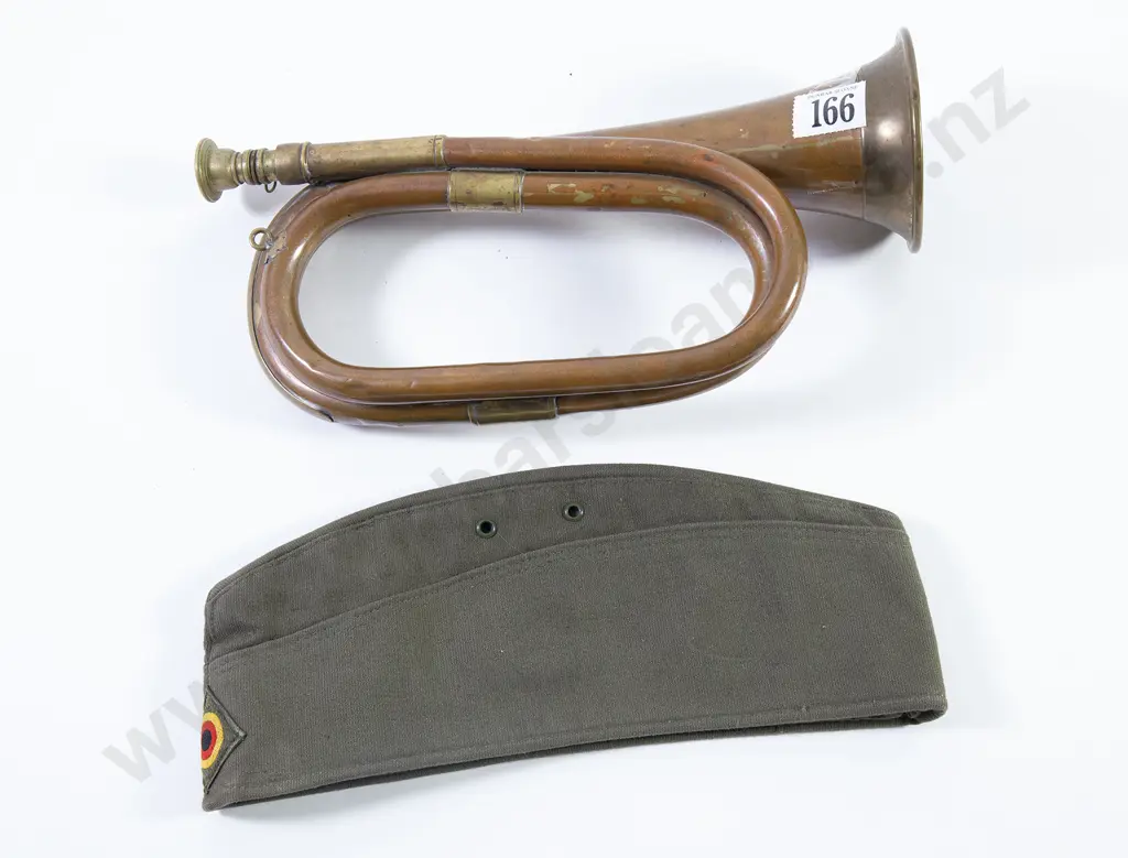Brass and Copper Bugle and military side cap Image 1++