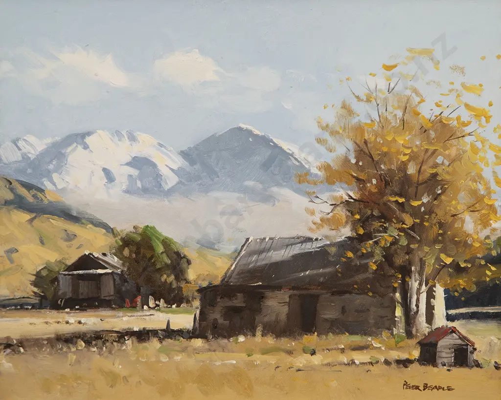 Peter Beadle (b 1933) - Stone Cottage & Woolshed Lindis Pass Image 1++