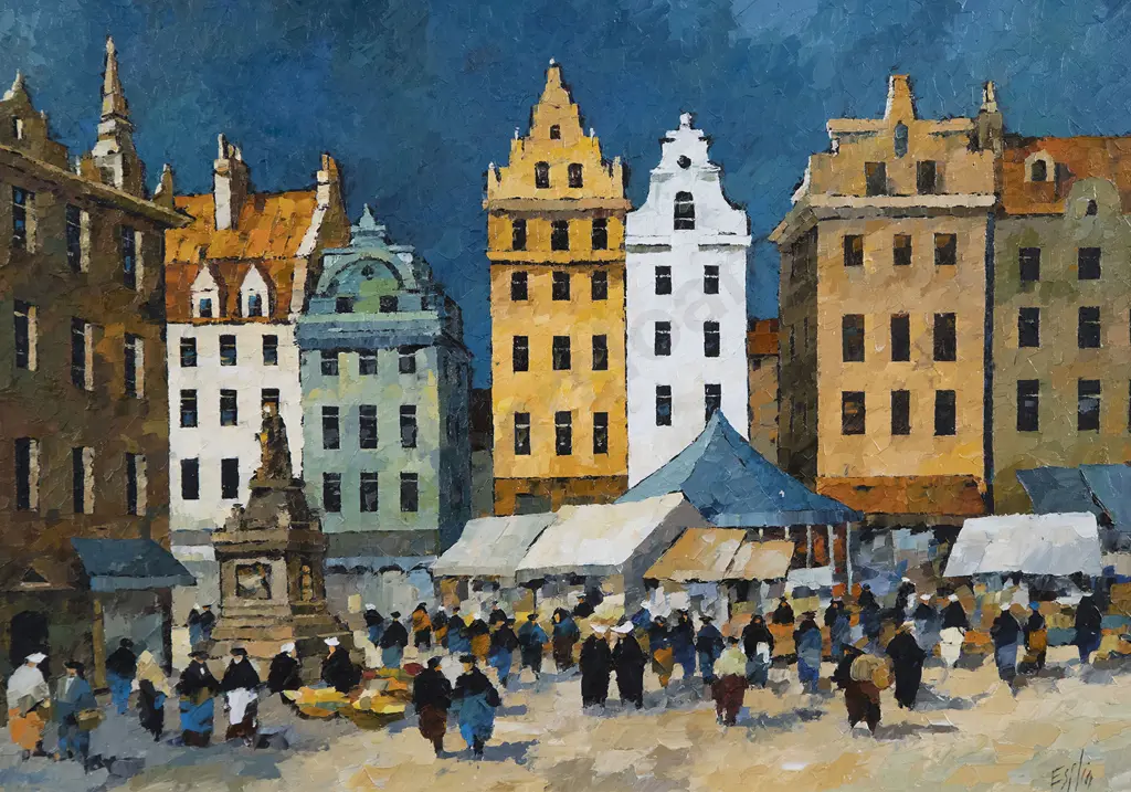 Tom Esplin (1915-2005) - Market Day Old Stockholm Image 1++