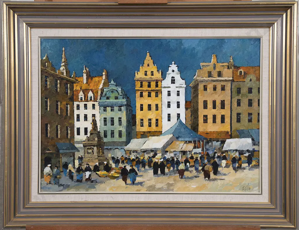 Tom Esplin (1915-2005) - Market Day Old Stockholm Image 1++