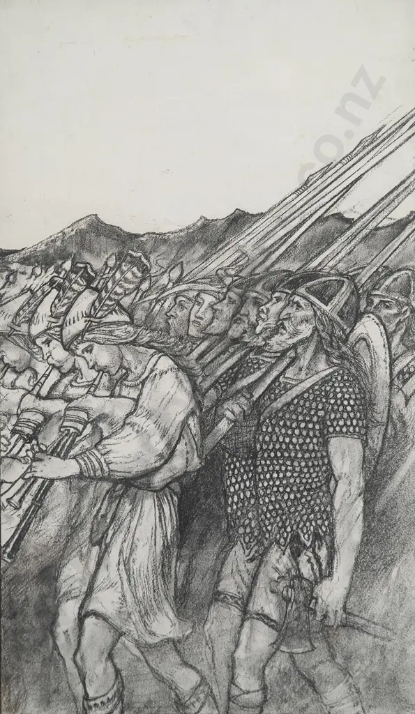 Louis Davis (British 1860-1941) - Pipers & Soldiers of King Malcolm's Army Image 1++
