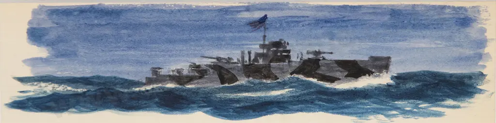 Russell Clark (1905-66) - Guadalcanal Airstrip & Warship at Sea (2) Image 1++