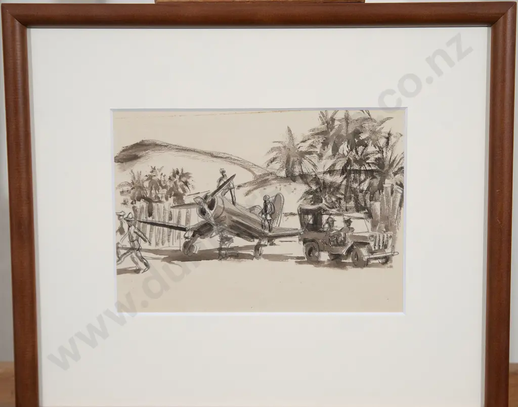 Russell Clark (1905-66) - Guadalcanal Airstrip & Warship at Sea (2) Image 1++