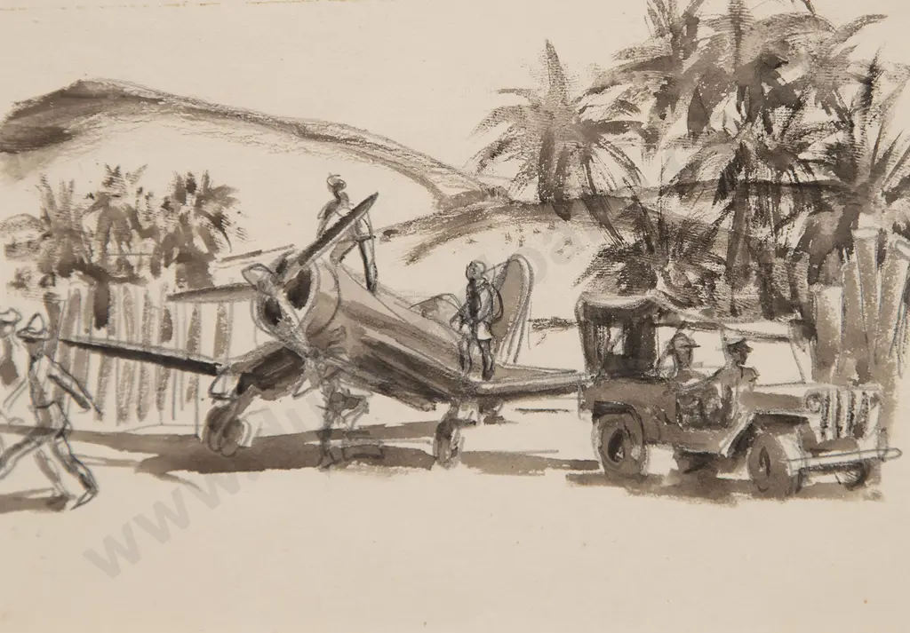 Russell Clark (1905-66) - Guadalcanal Airstrip & Warship at Sea (2) Image 1++