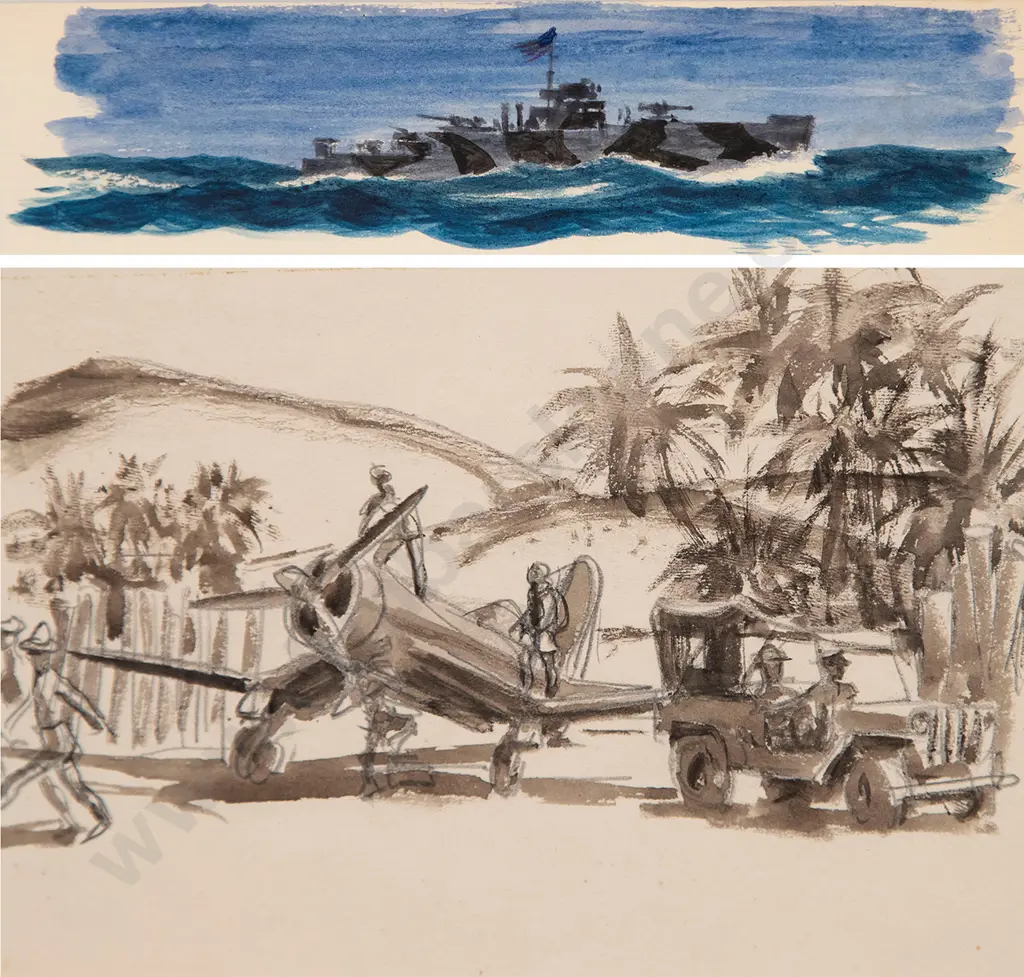 Russell Clark (1905-66) - Guadalcanal Airstrip & Warship at Sea (2) Image 1++