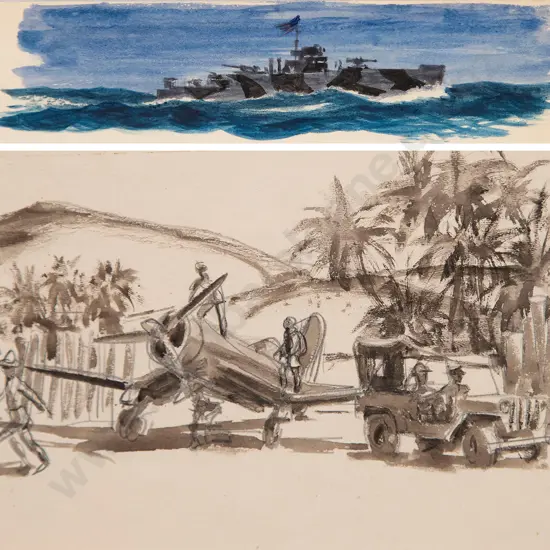 Russell Clark (1905-66) - Guadalcanal Airstrip & Warship at Sea (2)