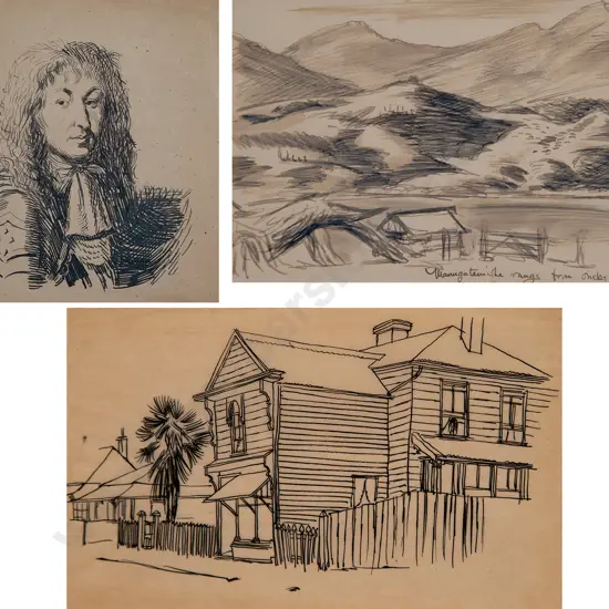 Russell Clark (1905-66) - Maungataniwha Range / Old House & Man in Period (3)
