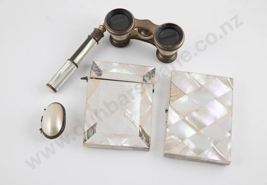 Two Victorian MOP Calling Card Cases & Pair Opera Glass with Thimble Holder Image 1++