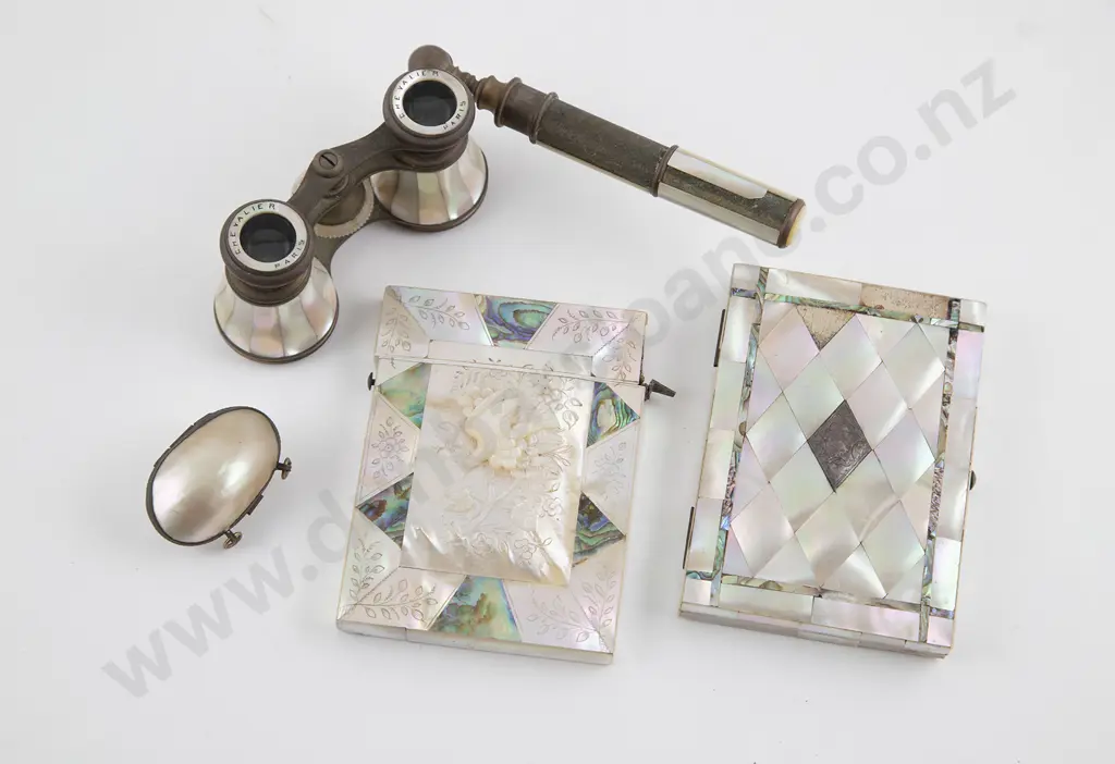 Two Victorian MOP Calling Card Cases & Pair Opera Glass with Thimble Holder Image 1++