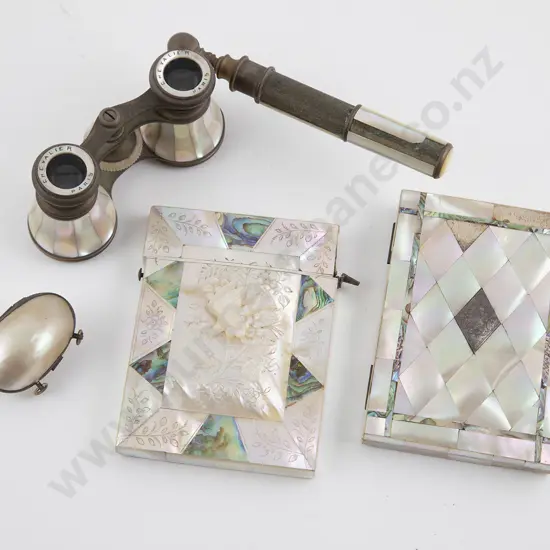 Two Victorian MOP Calling Card Cases & Pair Opera Glass with Thimble Holder