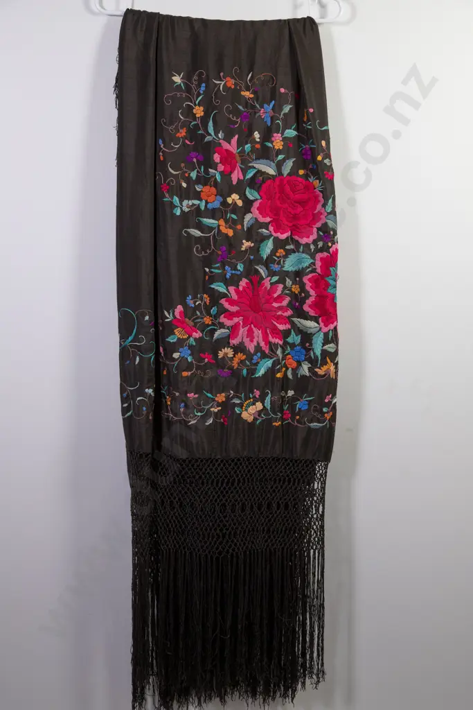 Late Victorian Black Silk & Floral Embroidered Piano Shawl Image 1++