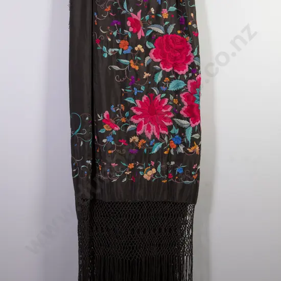 Late Victorian Black Silk & Floral Embroidered Piano Shawl