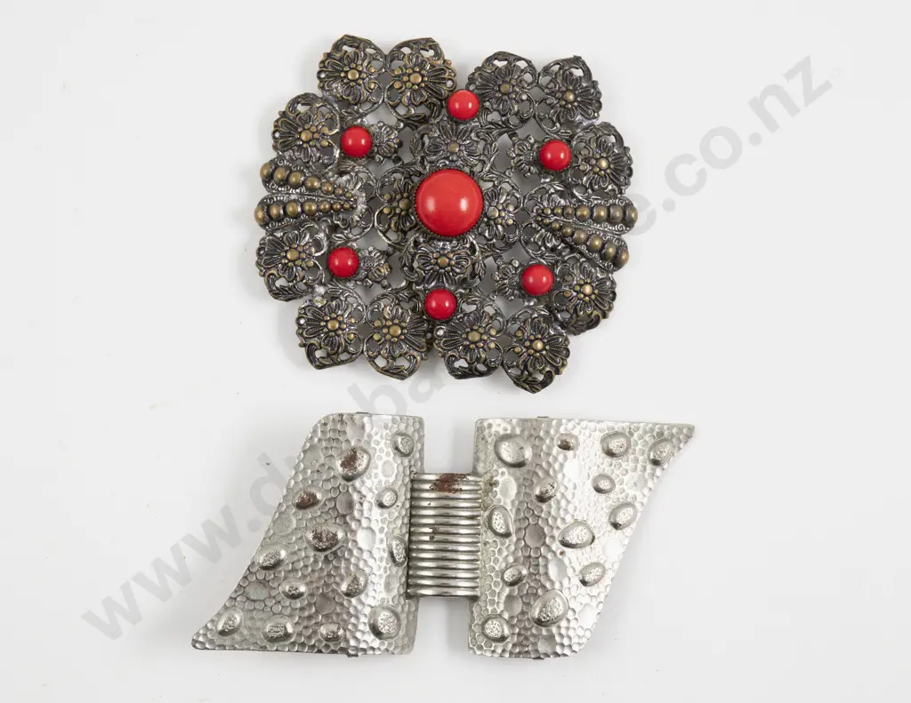 C1950s Pressed Metal Waspie 2pce Belt with Czech Filigree Metal and Red Glass Buckle Image 1++
