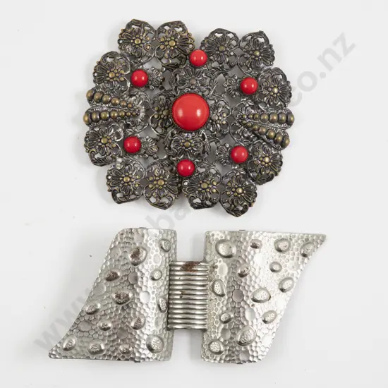 C1950s Pressed Metal Waspie 2pce Belt with Czech Filigree Metal and Red Glass Buckle