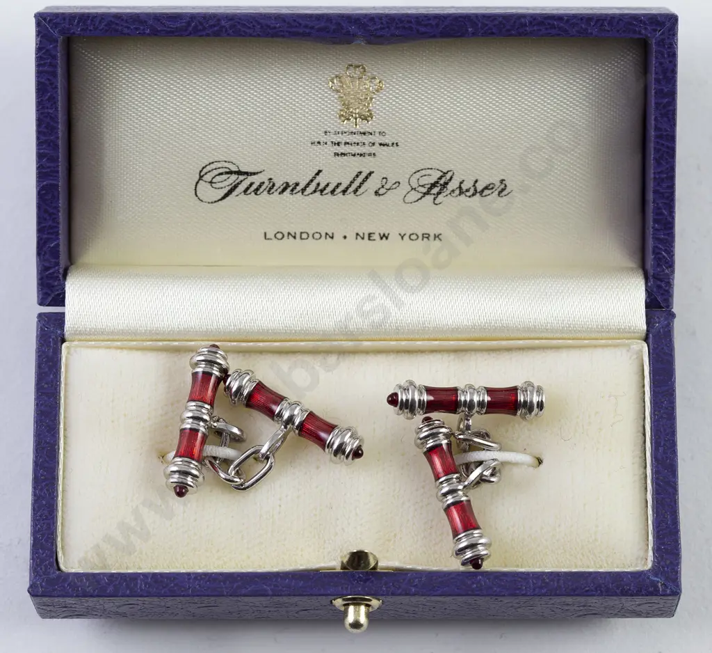 Pair Fancy S/Plate and Red Enamel Cuff-Links Image 1++