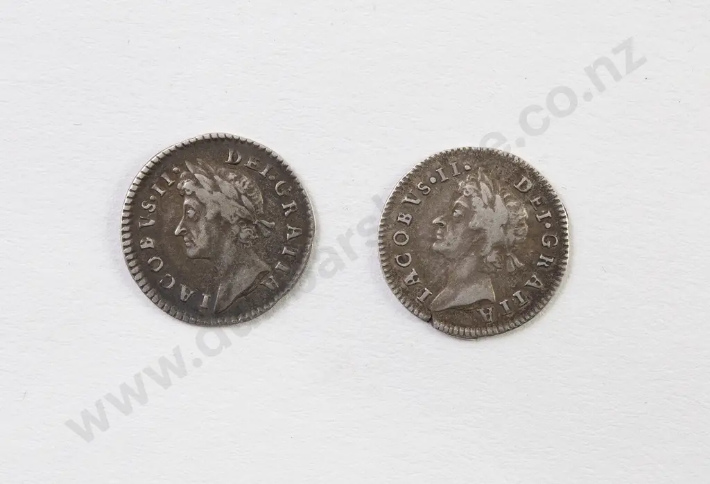 Two 1687 James II Silver Threepence Coins Image 1++