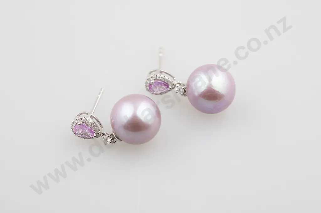 Pair 14ct White Gold Pearl Sapphire and Diamond Pendant Earrings Image 1++