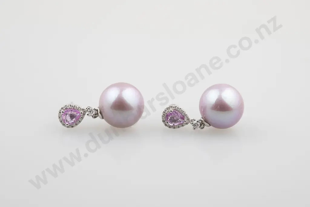 Pair 14ct White Gold Pearl Sapphire and Diamond Pendant Earrings Image 1++
