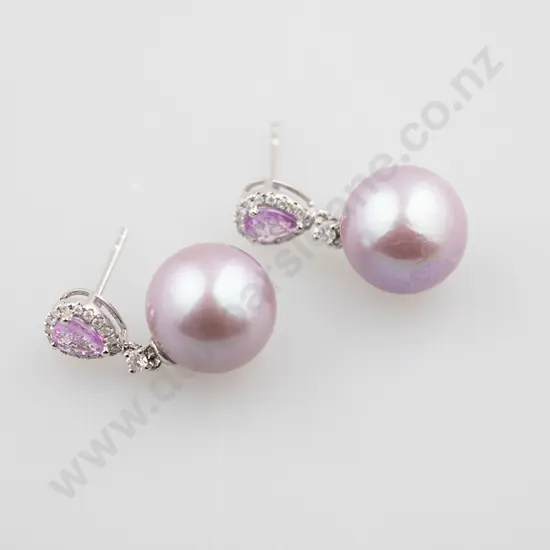 Pair 14ct White Gold Pearl Sapphire and Diamond Pendant Earrings