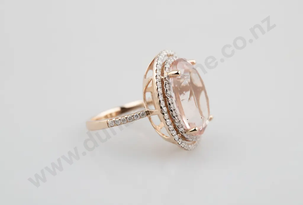 14ct Rose Gold Morganite and Diamond Double Halo Dress Ring Image 1++