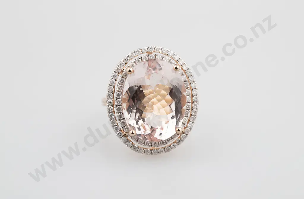 14ct Rose Gold Morganite and Diamond Double Halo Dress Ring Image 1++