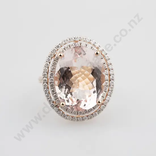 14ct Rose Gold Morganite and Diamond Double Halo Dress Ring