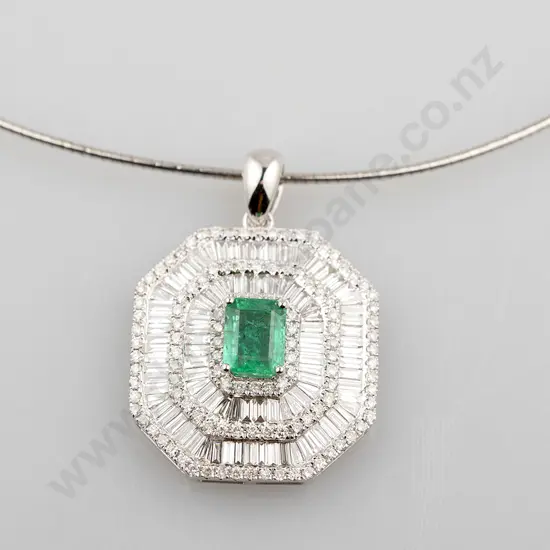 18ct White Gold Emerald and Diamond Pendant
